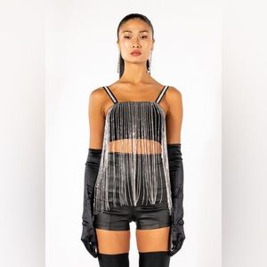 MOONCATCHER RHINESTONE FRINGE SLEEVELESS CROPPED BLOUSE
